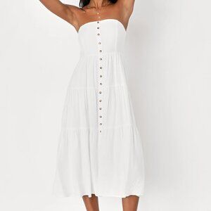Sweetness and Sunshine White Strapless Midi Dress With Pockets
